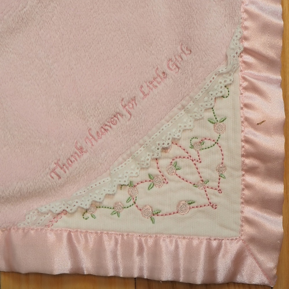 Carters Satin Pink Thank Heaven For Little Girls Baby Blanket Soft Plush Chamois